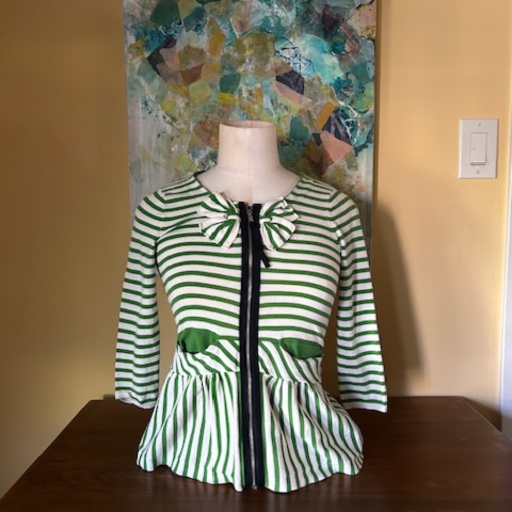Anthropologie-MOTH Green & White Zipper Front-Bow Cardigan Top-Sz-XS